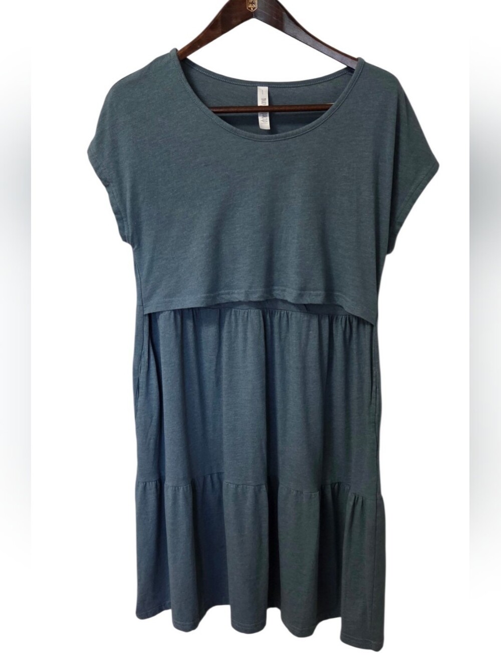 Latched Mama Womenโs Large Sage Green Gray Tiered Nursing Dress Breastfeeding